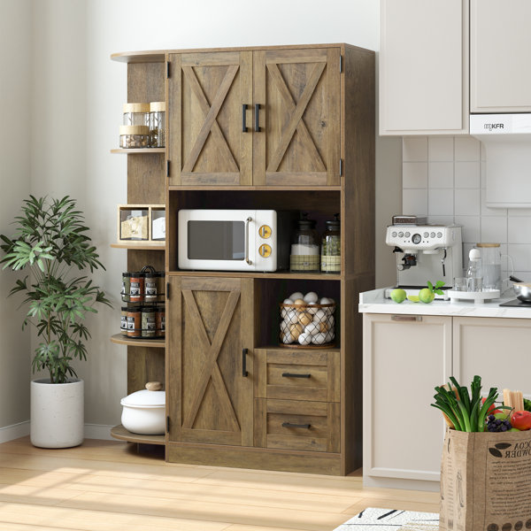 Laurel Foundry Modern Farmhouse Straun Kitchen Pantry With Farm Doors and Microwave Shelf